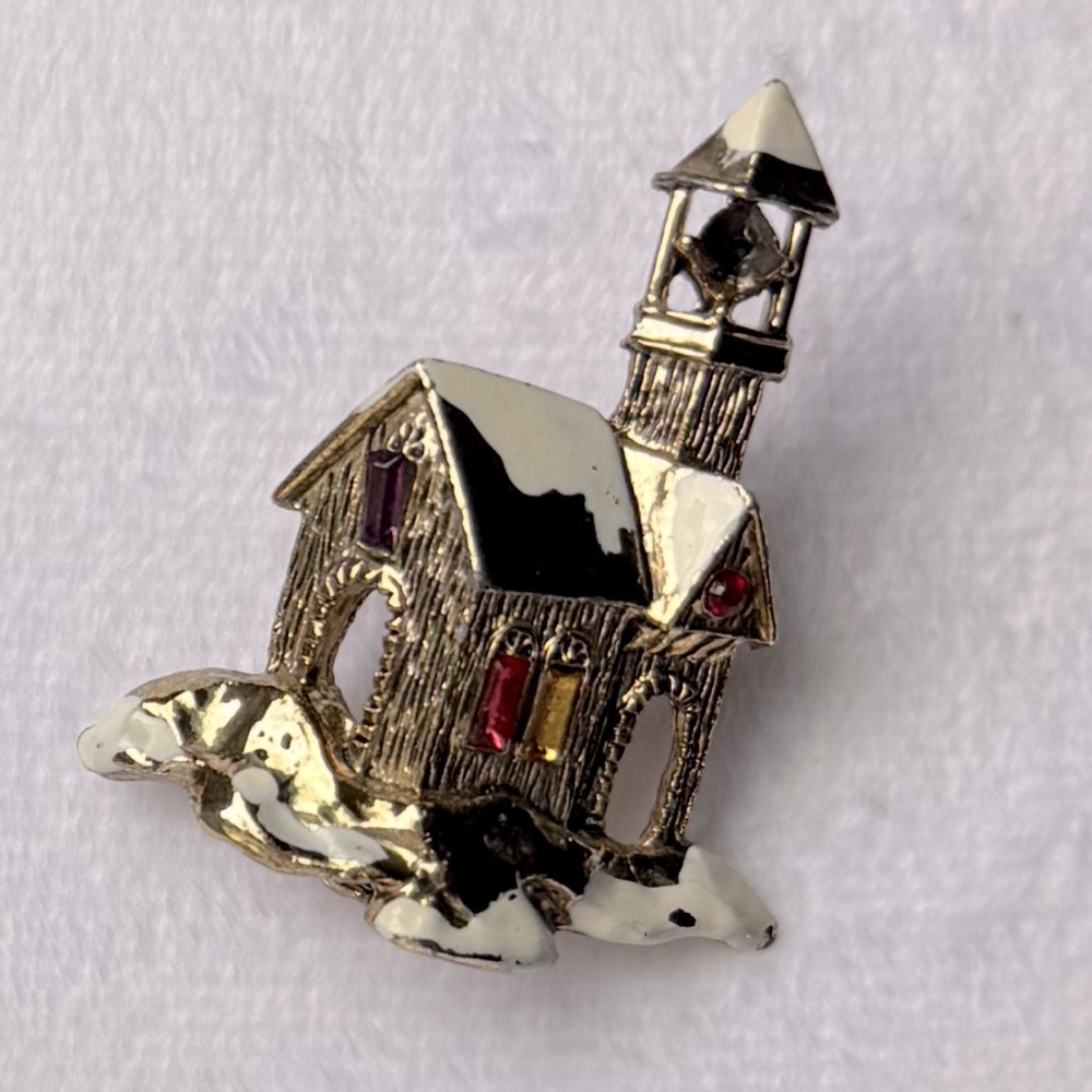 Vintage Goldtone Holiday Church Brooch/ Christmas Brooch